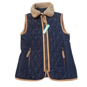 Copper Key kids 10/12 Navy Quilted Vest Detachable Collar Fur Trim